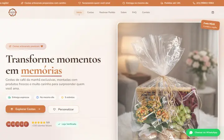 Página inicial da Carpe Diem Cestas com o título 'Transforme momentos em memórias' e foto de uma cesta
