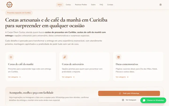 Seção de cestas artesanais e de café da manhã em Curitiba com categorias por ocasião