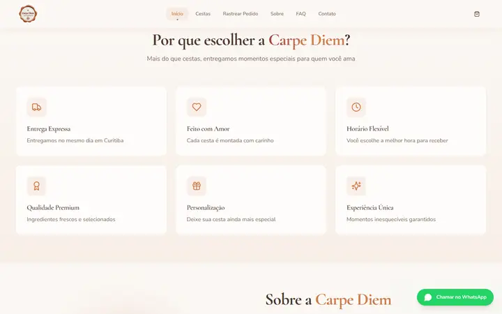 Seção 'Por que escolher a Carpe Diem' com seis diferenciais