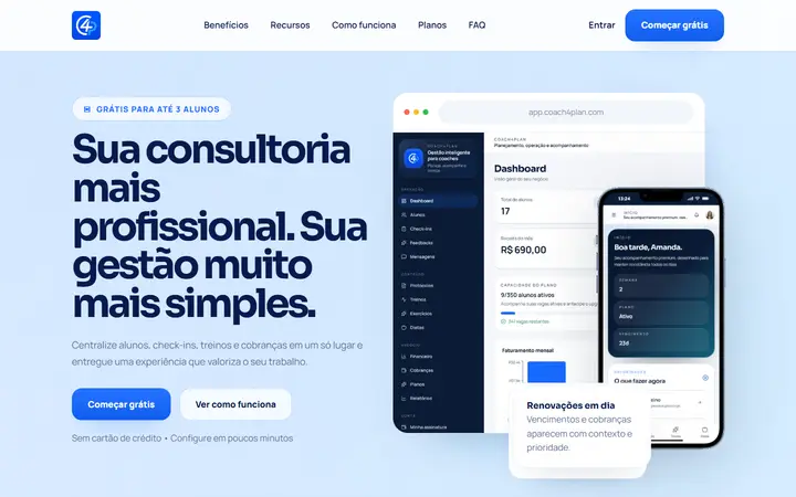 Página inicial do Coach4Plan com o título 'Sua consultoria mais profissional' e prévia do painel e do app