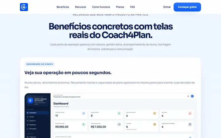 Seção do Coach4Plan com o dashboard do coach mostrando alunos ativos e faturamento