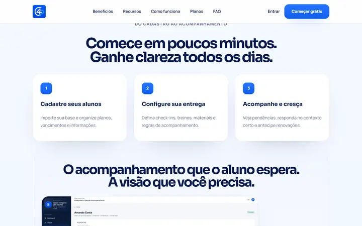 Seção de três passos do Coach4Plan: cadastre alunos, configure a entrega, acompanhe