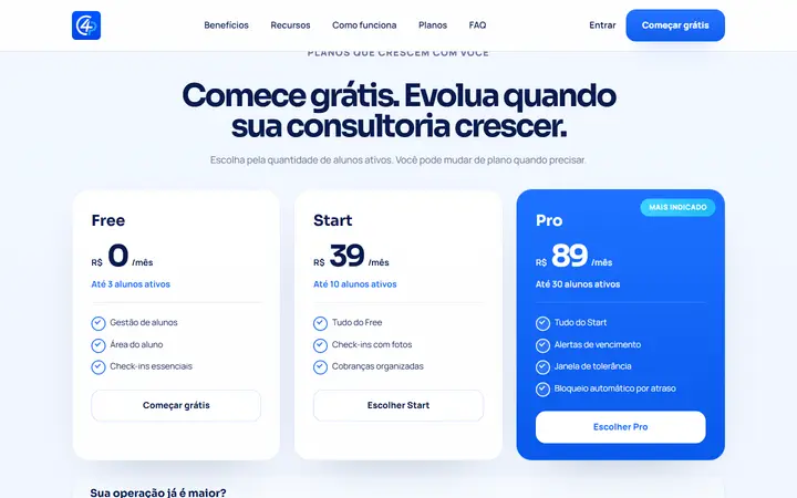 Planos do Coach4Plan: Free, Start e Pro