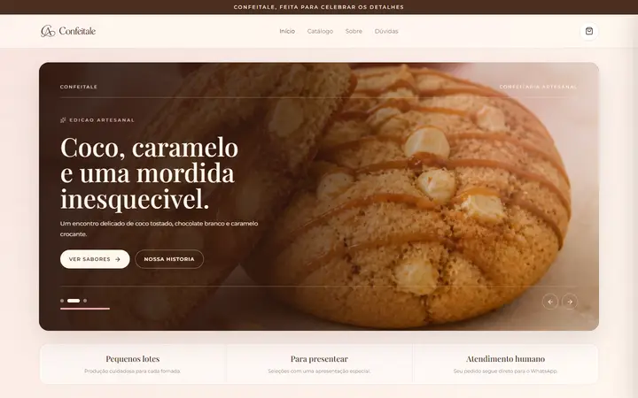 Página inicial da Confeitale com destaque 'Coco, caramelo e uma mordida inesquecível' e foto de cookie