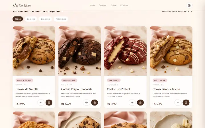 Catálogo da Confeitale com cookies, preços e filtros por categoria