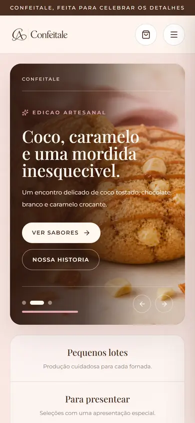 Página inicial da Confeitale no celular