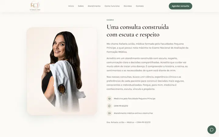 Seção sobre a Dra. Rafaela Julião com foto e formação