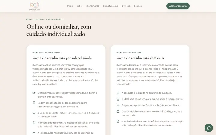 Seção comparando atendimento por videochamada e atendimento domiciliar