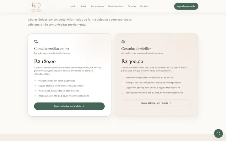 Cartões de consulta médica on-line e consulta domiciliar com duração e valores
