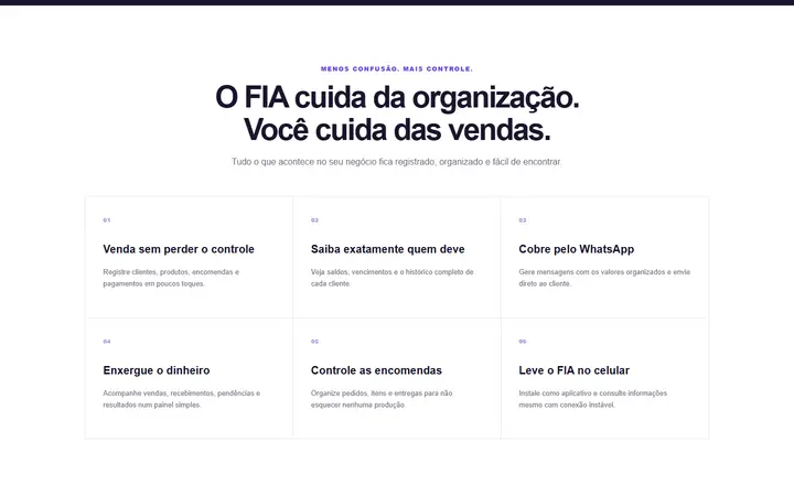 Seção do FIA com seis recursos: vendas, saldos, cobrança pelo WhatsApp, painel, encomendas e app no celular