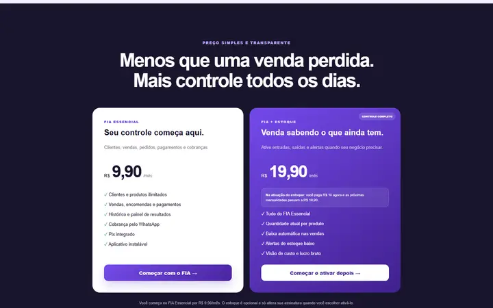 Seção de planos do FIA com os planos Essencial e Estoque