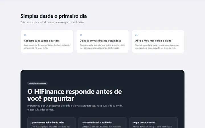 Seção 'Simples desde o primeiro dia' do HiFinance, com três passos