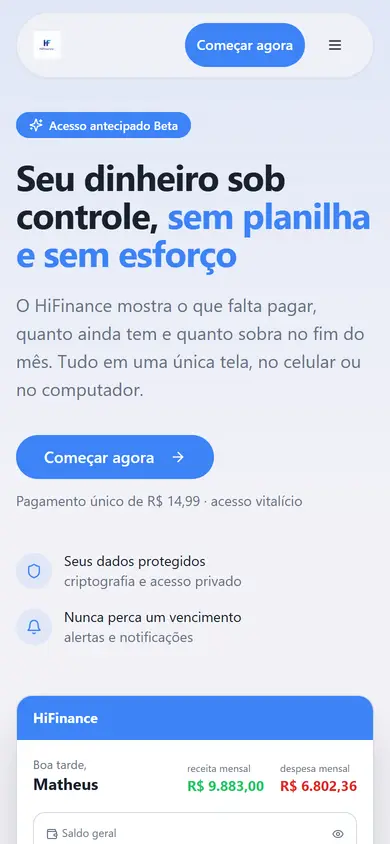 Página inicial do HiFinance no celular