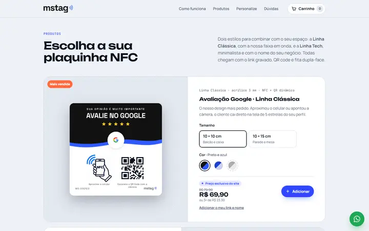 Catálogo da mstag com a plaquinha de avaliação Google, opções de tamanho, cor e preço