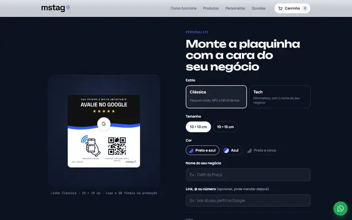 Personalizador da mstag com estilo, tamanho, cor, nome do negócio e prévia da plaquinha