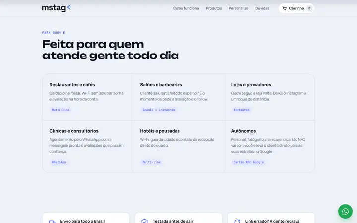 Seção 'Feita para quem atende gente todo dia' com segmentos atendidos