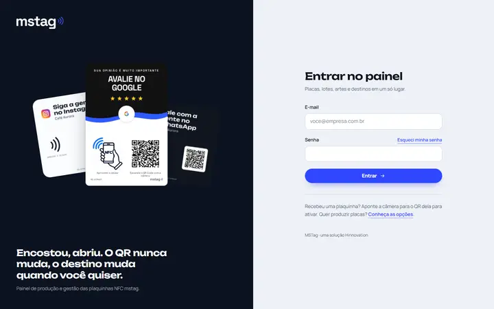 Tela de entrada do painel de gestão app.mstag.com.br
