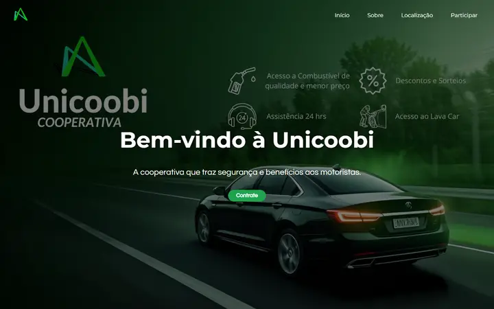 Página inicial da Unicoobi com o título 'Bem-vindo à Unicoobi' sobre foto de um carro na estrada