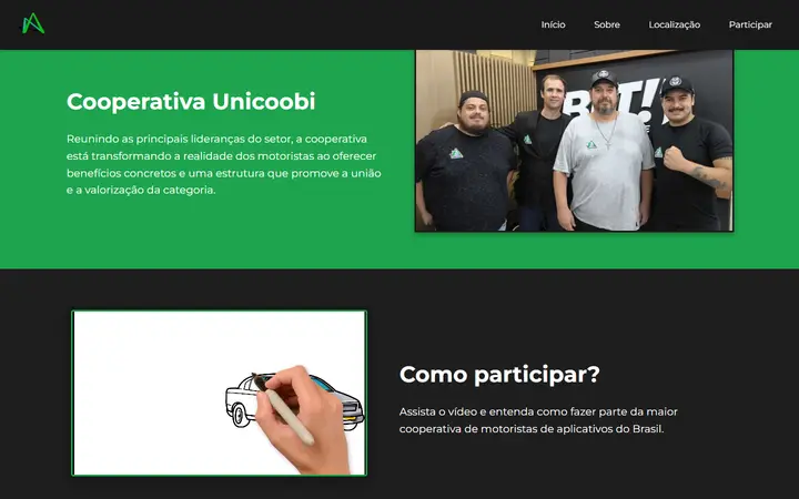 Seção institucional da Unicoobi com foto da equipe e seção 'Como participar'